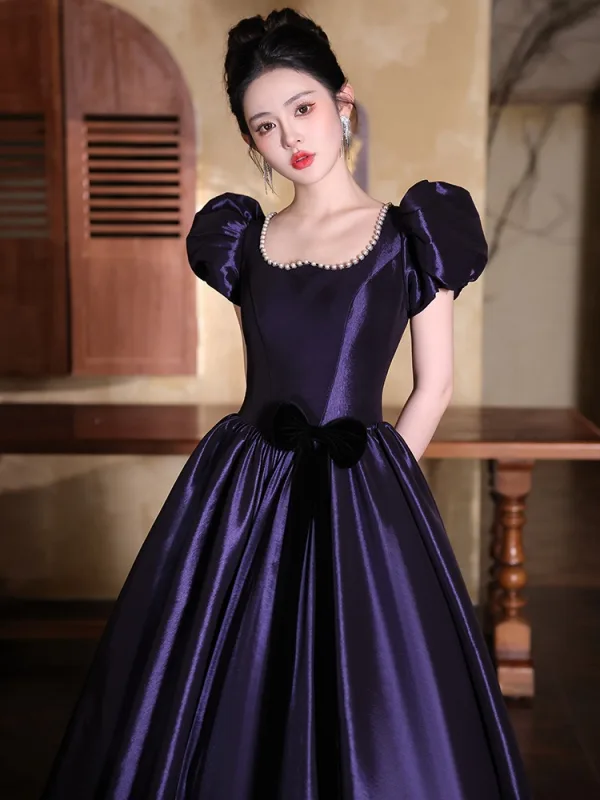 Vintage / Retro Purple Prom Dresses 2025 Ball Gown Square Neckline Puffy Short Sleeve Backless Floor-Length / Long Prom Formal Dresses