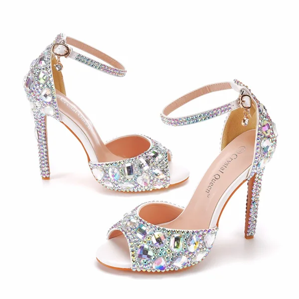 Charmant Weiß Multifarben Strass Brautschuhe 2022 Knöchelriemen 11 cm Stilettos Peeptoes Hochzeit Sandaletten Hochhackige