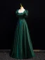 Vintage / Retro Dark Green Satin Prom Dresses 2024 A-Line / Princess Square Neckline Short Sleeve Backless Floor-Length / Long Prom Formal Dresses