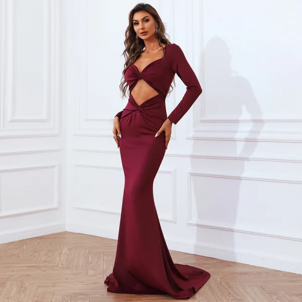 Sexy Burgundy Evening Dresses 2022 Trumpet / Mermaid V-Neck Long Sleeve Sweep Train Evening Party Formal Dresses