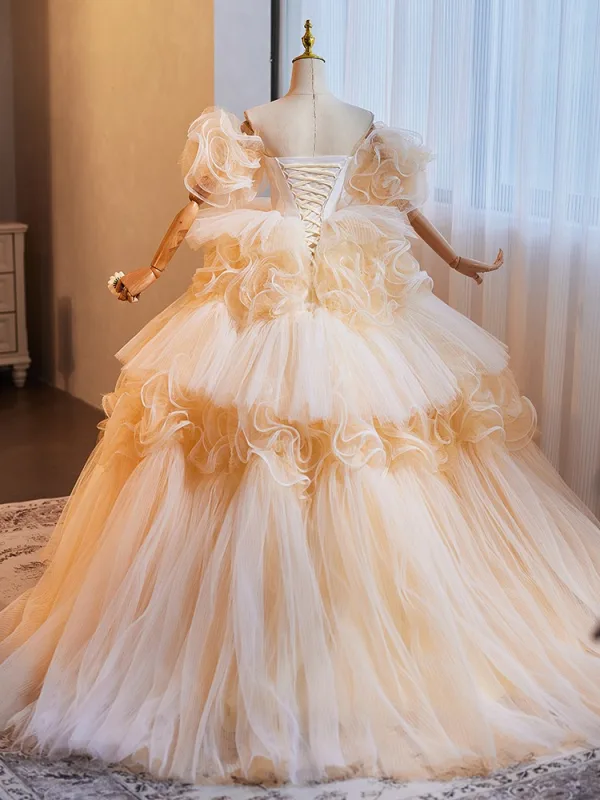 Mode Champagne Volants en Cascade Fleur Robe De Bal 2024 Robe Boule De l'épaule Manches Courtes Dos Nu Longue Promo Robe De Ceremonie