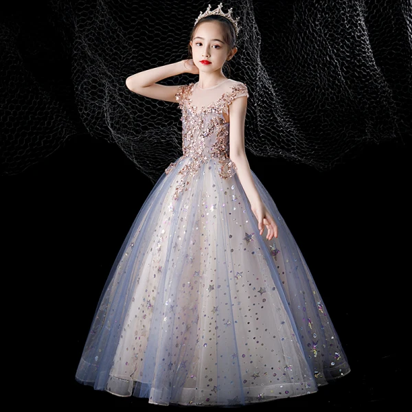 Charmant Bleu Ciel Perlage Étoile Paillettes Anniversaire Robe Ceremonie Fille 2022 Robe Boule Encolure Dégagée Sans Manches Dos Nu Longue Robe Ceremonie Fille