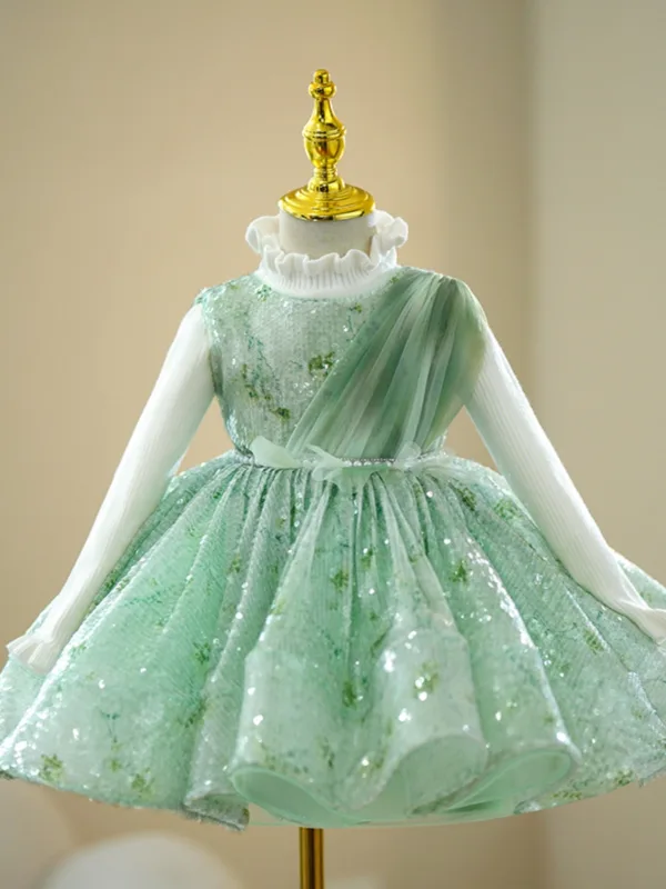 Chic / Beautiful Sage Green Beading Pearl Sequins Short Birthday Flower Girl Dresses 2024 Ball Gown Scoop Neck Bow Sleeveless Tulle