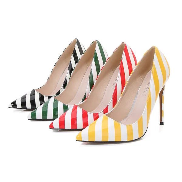 Fashion Street Wear Yellow Stripe Pumps 2023 12 cm Stiletto Heels Pointed Toe Pumps High Heels