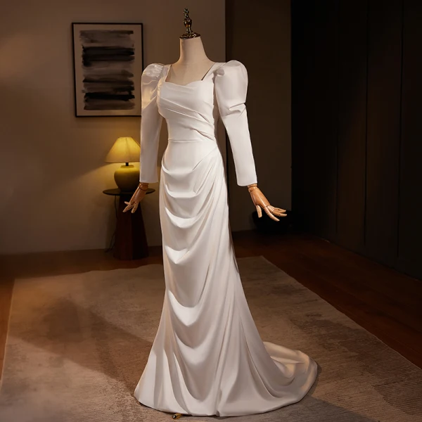 Fashion Ivory Satin Evening Dresses 2024 Trumpet / Mermaid Square Neckline Long Sleeve Backless Sweep Train Evening Party Formal Dresses
