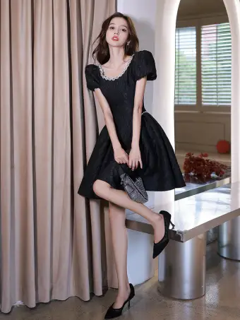 Fashion Black Rhinestone Short Party Dresses 2022 A Line Princess Scoop Neck Short Sleeve Backless Formal Dresses