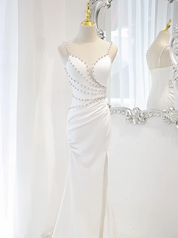 Sexy Blanche Perle Faux Diamant Fendue devant Robe De Soirée 2023 Trompette / Sirène Bretelles Spaghetti Sans Manches Dos Nu Longue Soirée Robe De Ceremonie