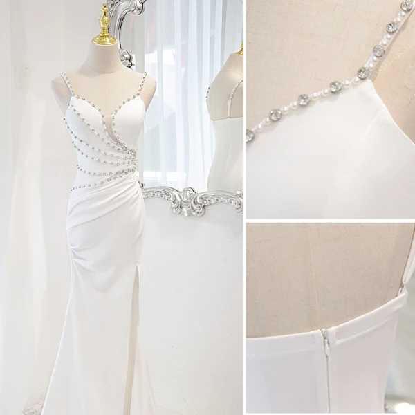 Sexy Blanche Perle Faux Diamant Fendue devant Robe De Soirée 2023 Trompette / Sirène Bretelles Spaghetti Sans Manches Dos Nu Longue Soirée Robe De Ceremonie