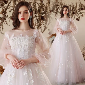 Chic Beautiful White Prom Dresses 2022 A Line Princess Scoop Neck Beading Rhinestone Pearl Lace Flower Appliques Long Sleeve Floor Length Long Formal Dresses