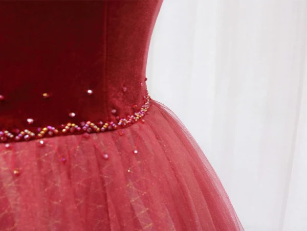 Chic / Beautiful Watermelon Beading Velvet Prom Dresses 2024 Ball Gown Off-The-Shoulder Sleeveless Backless Floor-Length / Long Prom Formal Dresses