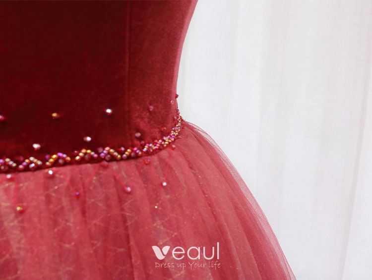 Long Sleeve Beading Ruby Red Velvet Prom Dress Long Sleeve Beading Ruby Red Velvet Prom Dress