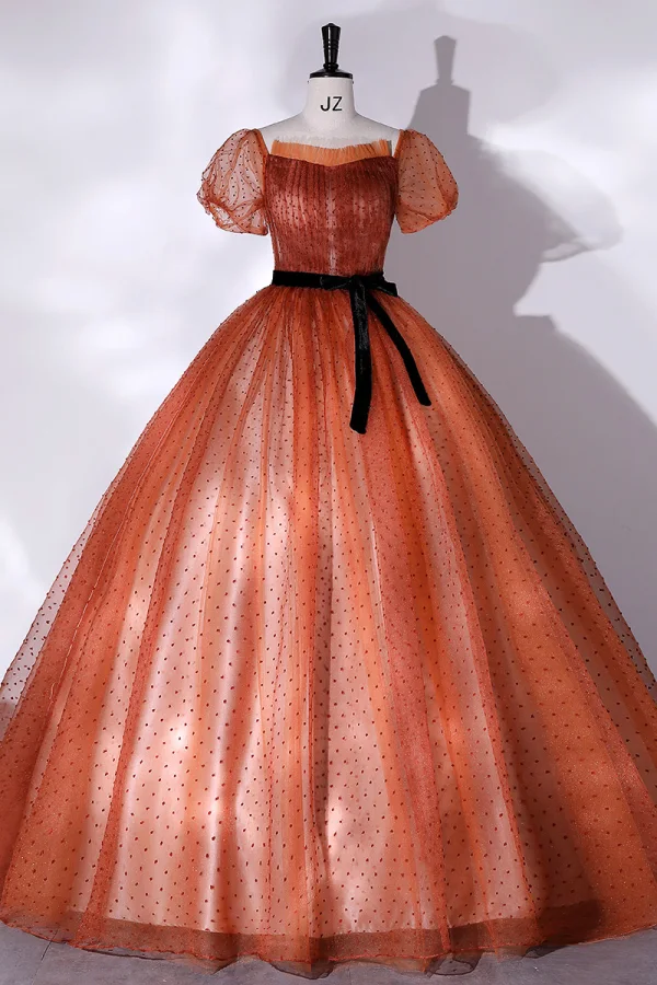 Elegante Orange Geflecktes Ballkleider 2022 Ballkleid Eckiger Ausschnitt Kurze Ärmel Rückenfreies Schleife Stoffgürtel Lange Festliche Kleider