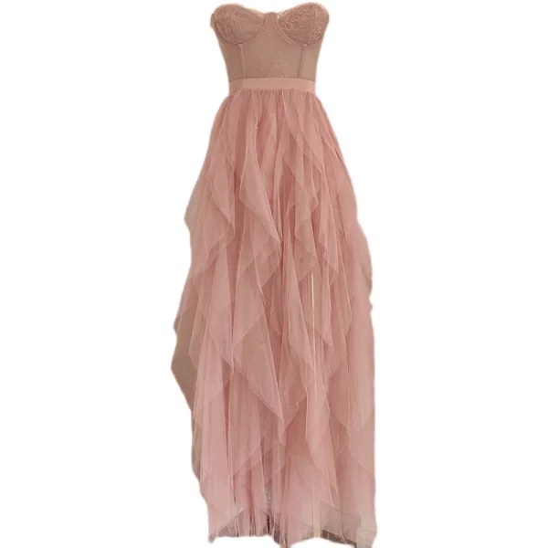 Chic / Beautiful Blushing Pink Cascading Ruffles Prom Dresses 2023 A-Line / Princess Strapless Sleeveless Backless Floor-Length / Long Prom Formal Dresses