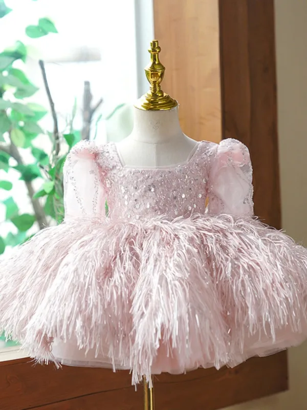 Chic / Beautiful Blushing Pink Beading Tassel Short Birthday Flower Girl Dresses 2023 Ball Gown Square Neckline Short Sleeve Flower Girl Dresses