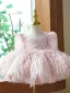 Chic / Beautiful Blushing Pink Beading Tassel Short Birthday Flower Girl Dresses 2023 Ball Gown Square Neckline Short Sleeve Flower Girl Dresses