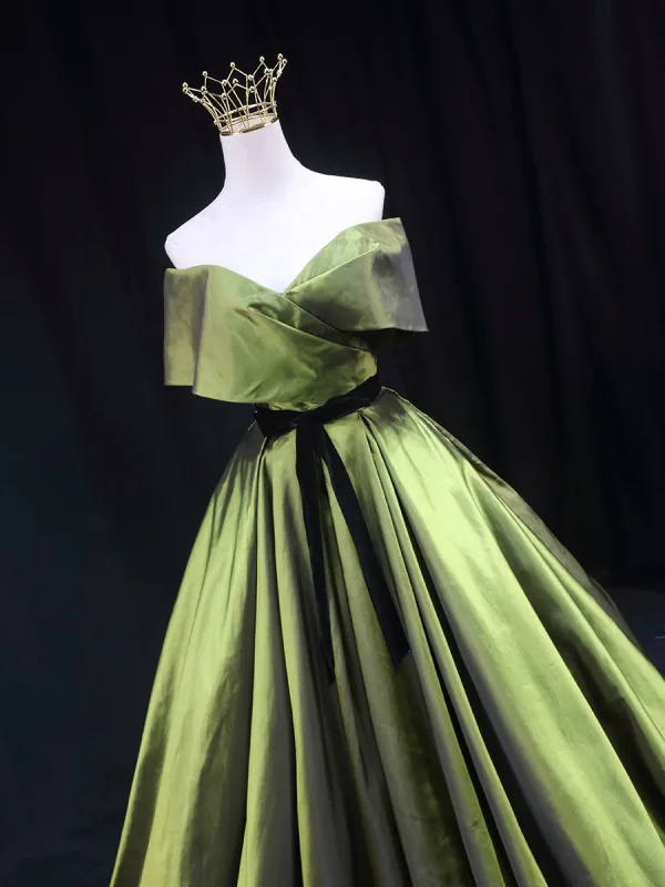 Demure Sage Green Bow Sash Prom Dresses 2025 Ball Gown Strapless Sleeveless Backless Floor-Length / Long Prom Formal Dresses