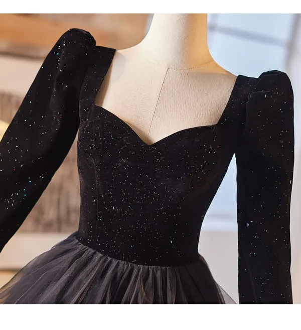 Audrey Hepburn Style Black Glitter Prom Dresses 2024 Ball Gown Square Neckline Long Sleeve Backless Floor-Length / Long Prom Formal Dresses