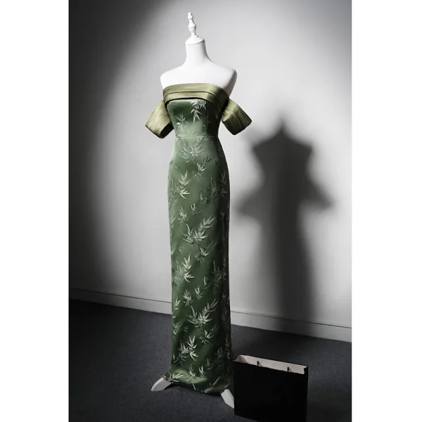 Chinese style Clover Green Printing Prom Cheongsam 2024 Trumpet / Mermaid Off-The-Shoulder Short Sleeve Backless Floor-Length / Long