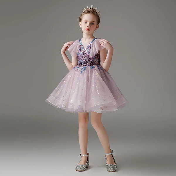 Fashion Lavender Short Sequins Birthday Flower Girl Dresses 2023 V-Neck Short Sleeve Backless Zipper Up