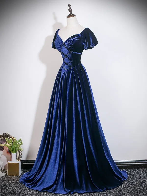 Vintage Marineblau Perlenstickerei Ballkleider 2026 A Linie Eckiger Ausschnitt Geschwollenes Kurze Ärmel Rückenfreies Lange Festliche Kleider