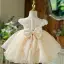 Chic / Beautiful Beige Appliques Birthday Flower Girl Dresses 2022 Ball Gown Scoop Neck Short Sleeve Bow Short Flower Girl Dresses