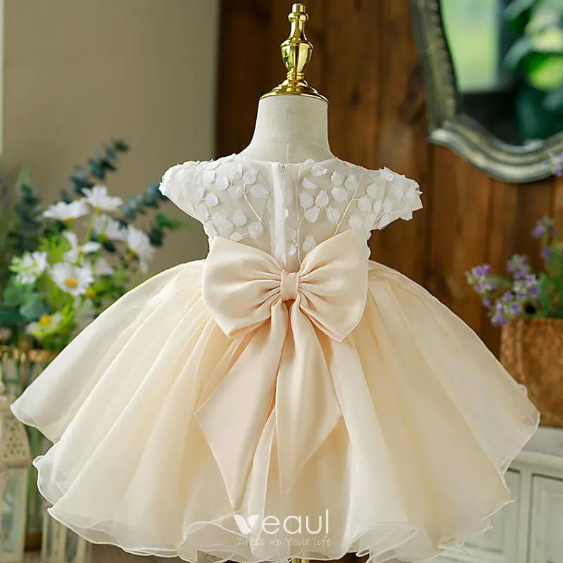 Chic Beautiful Beige Appliques Birthday Flower Girl Dresses 2022 Ball Gown Scoop Neck