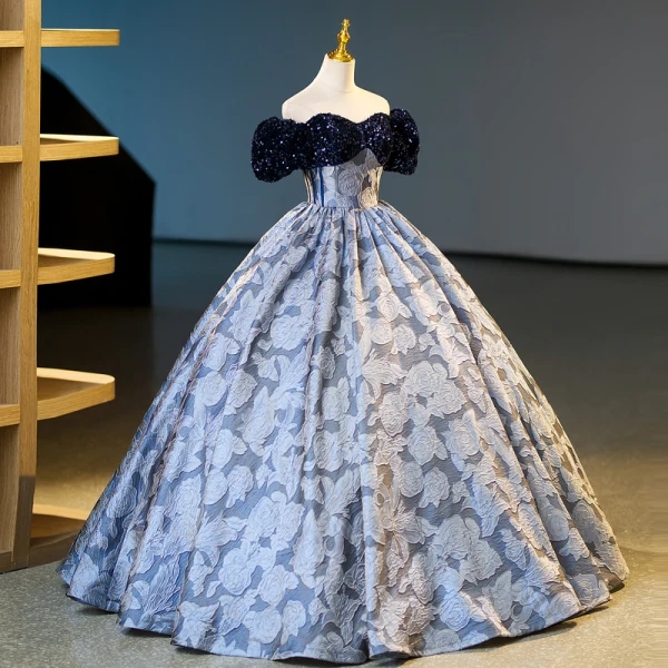 Vintage / Retro Navy Blue Sequins Printing Prom Dresses 2023 Ball Gown Off-The-Shoulder Short Sleeve Backless Floor-Length / Long Prom Formal Dresses