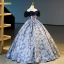 Vintage / Retro Navy Blue Sequins Printing Prom Dresses 2023 Ball Gown Off-The-Shoulder Short Sleeve Backless Floor-Length / Long Prom Formal Dresses