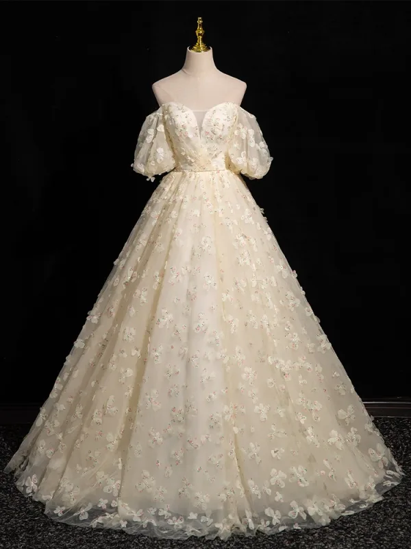 Chic / Belle Champagne Perle Appliques Robe De Bal 2024 Robe Boule De l'épaule Manches Courtes Dos Nu Longue Promo Robe De Ceremonie