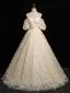 Chic / Belle Champagne Perle Appliques Robe De Bal 2024 Robe Boule De l'épaule Manches Courtes Dos Nu Longue Promo Robe De Ceremonie