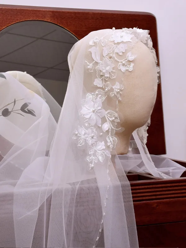 Welony Ślubne Welony Ślubne Białe Kwiat Z Koronki Perła Wykonany Ręcznie Tiulowe Ślub Eleganckie 1 m 2025