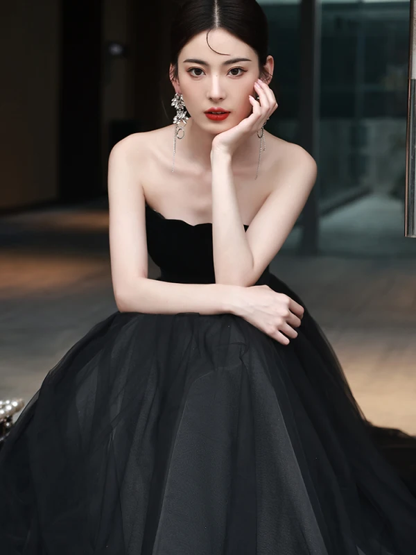 Sexy Black Beading Evening Dresses 2024 A-Line / Princess Off-The-Shoulder Sleeveless Backless Floor-Length / Long Evening Party Formal Dresses