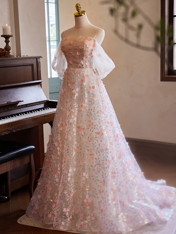 High-end Flower Fairy Blushing Pink Pearl Appliques Sequins Prom Dresses 2024 A-Line / Princess Off-The-Shoulder Short Sleeve Backless Sweep Train Prom Formal Dresses