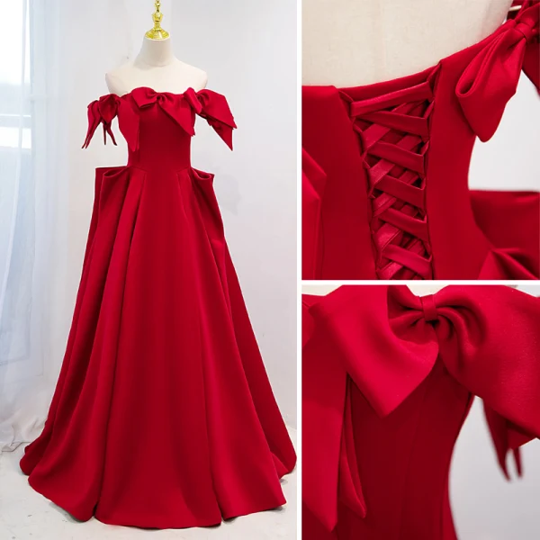 Chic / Beautiful Burgundy Prom Dresses 2022 A-Line / Princess Satin Off-The-Shoulder Bow Short Sleeve Backless Floor-Length / Long Prom Formal Dresses