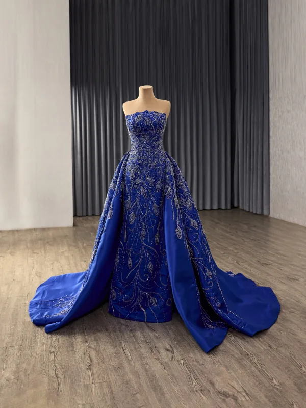 Vintage / Retro High-end Royal Blue Handmade  Beading Sequins Satin Prom Dresses 2025 Trumpet / Mermaid Strapless Sleeveless Backless Court Train Prom Formal Dresses