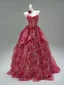 Luxury / Gorgeous Burgundy Appliques Cascading Ruffles Prom Dresses 2025 Ball Gown Strapless Sleeveless Backless Sweep Train Formal Dresses