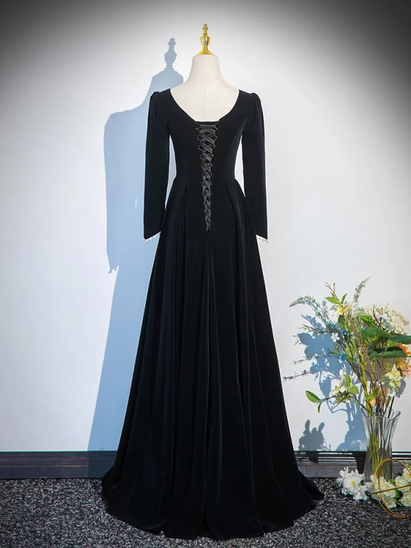Vintage / Retro Black Winter Pearl Velvet Prom Dresses 2024 A-Line / Princess Square Neckline Long Sleeve Backless Floor-Length / Long