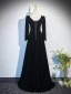 Vintage / Retro Black Winter Pearl Velvet Prom Dresses 2024 A-Line / Princess Square Neckline Long Sleeve Backless Floor-Length / Long