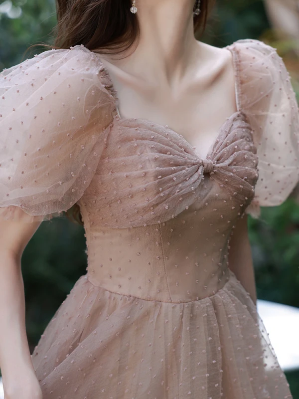 Chic / Belle Rougissant Rose Anniversaire Robe De Fête 2022 Princesse Encolure Carrée Gonflée Manches Courtes Dos Nu Longue Robe De Ceremonie