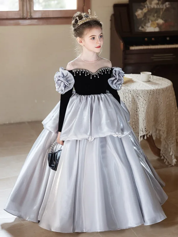 Voluminous Grey Pearl Cascading Ruffles Birthday Flower Girl Dresses 2026 Ball Gown Scoop Neck Long Sleeve Floor-Length / Long