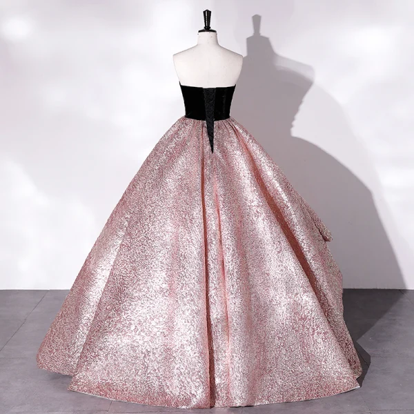 High-end Baroque Candy Pink Glitter Satin Prom Dresses 2022 Ball Gown Strapless Sleeveless Backless Beading Floor-Length / Long Formal Dresses