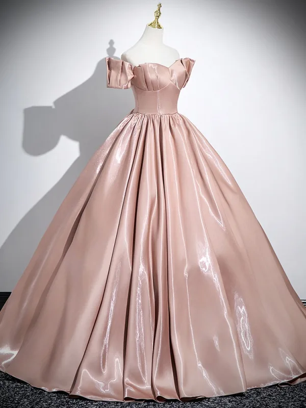 Elegant Champagne Satin Prom Dresses 2025 Ball Gown Off-The-Shoulder Short Sleeve Backless Floor-Length / Long Prom Formal Dresses