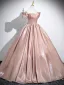 Elegant Champagne Satin Prom Dresses 2025 Ball Gown Off-The-Shoulder Short Sleeve Backless Floor-Length / Long Prom Formal Dresses