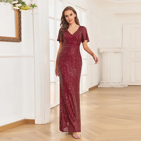 Bling Bling Bordeaux Paillettes Robe De Soirée 2023 Trompette / Sirène V-Cou Manches Courtes Dos Nu Longue Soirée Robe De Ceremonie