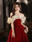Elegant Burgundy Prom Dresses 2024 A-Line / Princess Ruffle Off-The-Shoulder Short Sleeve Backless Floor-Length / Long Prom Formal Dresses