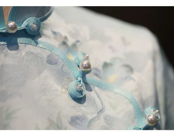Chinese style Sky Blue Printing Tea-length Silk Cheongsam 2026 Trumpet / Mermaid High Neck Short Sleeve