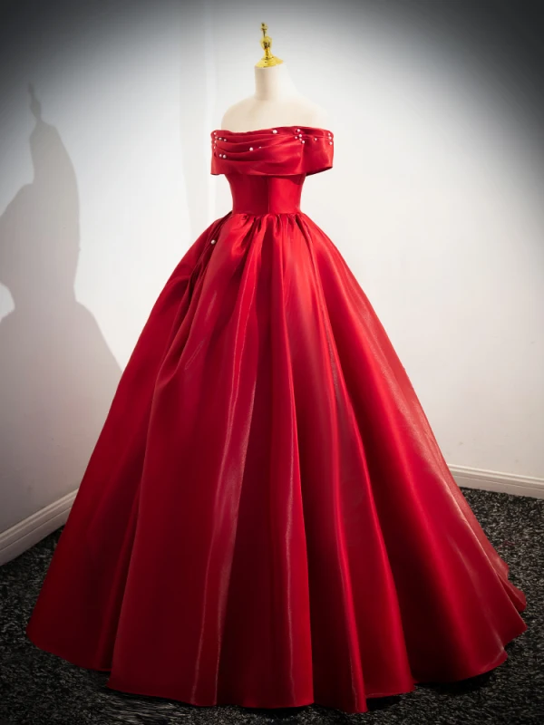 Elegant Red Pearl Ball Gown Wedding Dresses 2025 Off-The-Shoulder Sleeveless Backless Floor-Length / Long Wedding Dresses