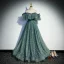 Chic / Beautiful Jade Green Prom Dresses 2022 A-Line / Princess Off-The-Shoulder Star Sequins Short Sleeve Backless Sash Floor-Length / Long Formal Dresses