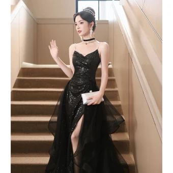 Sexy Black Cascading Ruffles Sequins Evening Dresses 2023 A Line Princess Spaghetti Straps Sleeveless Backless Split Front Floor Length Long Evening Party Formal Dresses