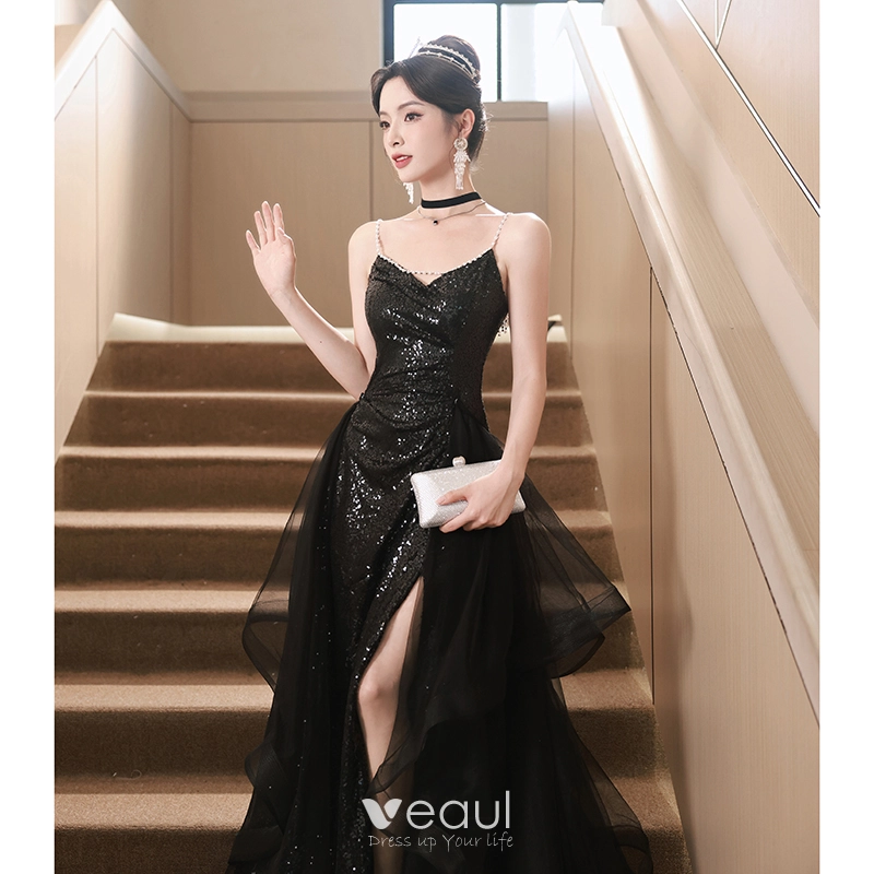 Sexy Black Cascading Ruffles Sequins Evening Dresses 2023 A-Line / Princess  Spaghetti Straps Sleeveless Backless Split Front Floor-Length / Long Evening  Party Formal Dresses